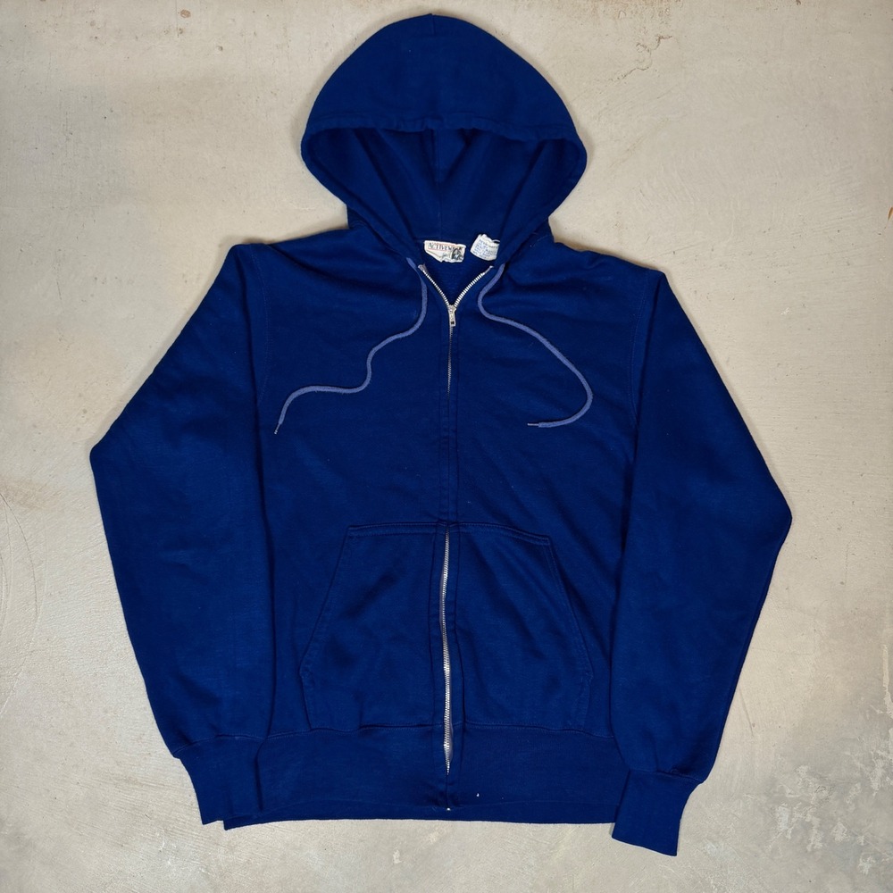 Vintage 80s Activewear Navy Blue Full Zip Hoodie Acrylic Fleece Sweatshirt M